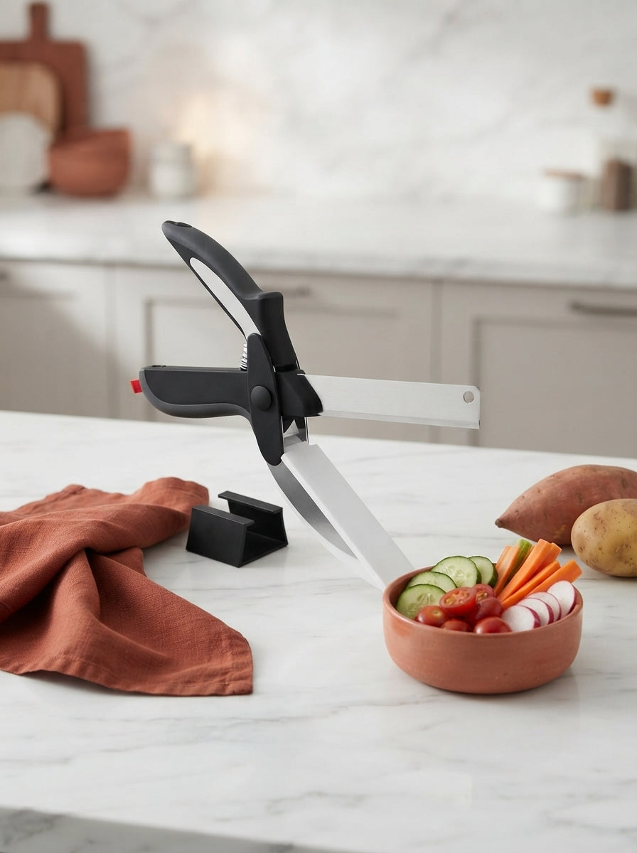 A SliceMate mandoline slicer on a white countertop with terracotta and burnt sienna accent props in a professional kitchen.